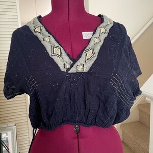 Free People Navy and Gray Embroidered Top